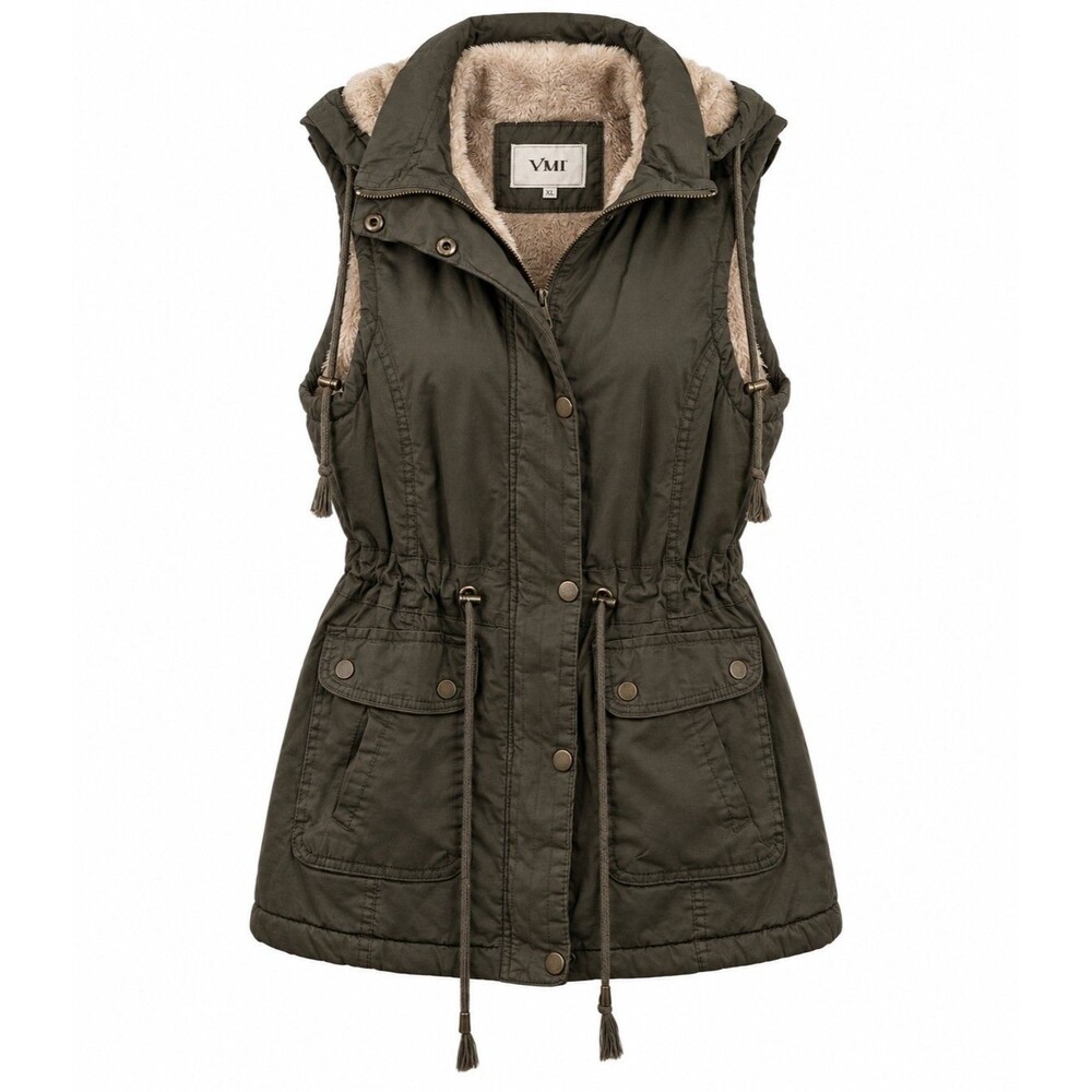 YMI Collection Women Olive Green Faux Fur Lined Hooded Vest Size XL Y2K Vibe